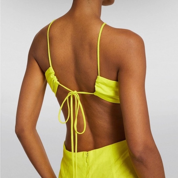 Farm Rio Monstera Midi Dress Maxi Linen Leaf Open Back Strappy Neon Highlighter - Picture 15 of 17
